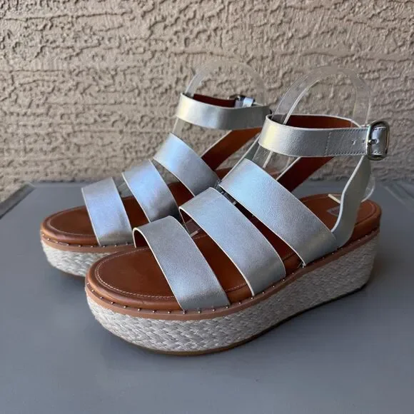FitFlop Eloise Wedge Sandals Womens Size 8 Silver Platform Espadrille Strappy - Picture 1 of 15